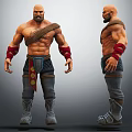 Muscular Male Warrior Character Featuring Red Wristbands Decorative Belt And Gray Boots Front Side Views