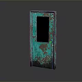 Vintage Green Rusted Door With Small Glass Window And Worn Surface Texture