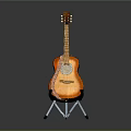 Shiny Wooden Acoustic Guitar On Stand With Art Supplies And Painting Tools