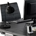 Black Modern Office Desk With Computer Monitor Desk Lamp Office Chair And Organizers