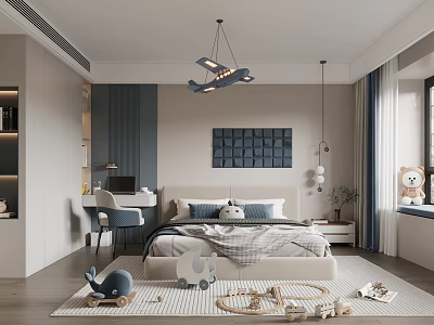 Modern Kids Bedroom Interior With Airplane Chandelier Toys And Study Desk 3d model