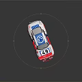 White Blue Striped Model Race Car With Number 49 And Red Accents