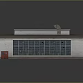 Cartoon Scene Industrial Building With Gray Walls Red Doors Large Windows Roof Vents and Reflection