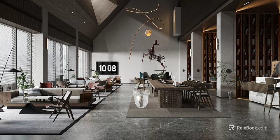 Modern Minimalist Lounge Area With Wooden Ceiling Large Windows Sofas Tables And Gray Marble Floor 3d model 