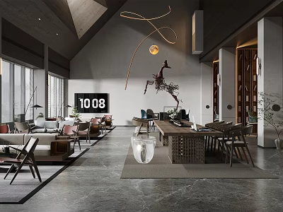 Modern Minimalist Lounge Area With Wooden Ceiling Large Windows Sofas Tables And Gray Marble Floor 3d model
