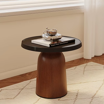 Round Side Table With Black Top Brown Wooden Base Holding Silver Coffee Cup And Book 3d model