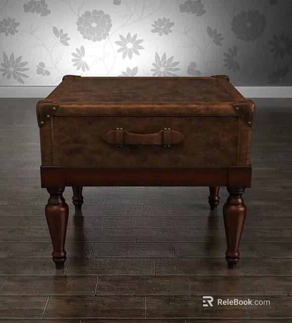 Vintage Brown Leather Side Table With Trunk Design Metal Clasps And Carved Wooden Legs 3d model 