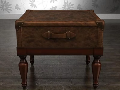 Vintage Brown Leather Side Table With Trunk Design Metal Clasps And Carved Wooden Legs 3d model