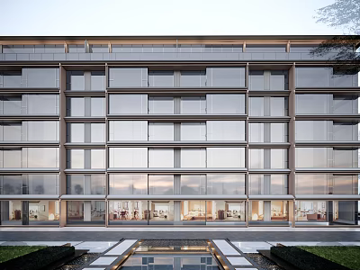 Modern Multi Storey Building Featuring Large Glass Windows Water Pool And Green Plants At Base 3d model