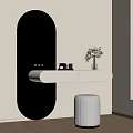 Minimalist Vanity Area With Oval Mirror White Table Stools And Flower Vase 3d model