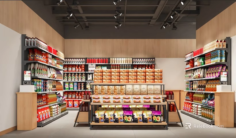 Organized Shopping Mall Retail Store With Shelves Filled Various Food Products And Grocery Items 3d model 