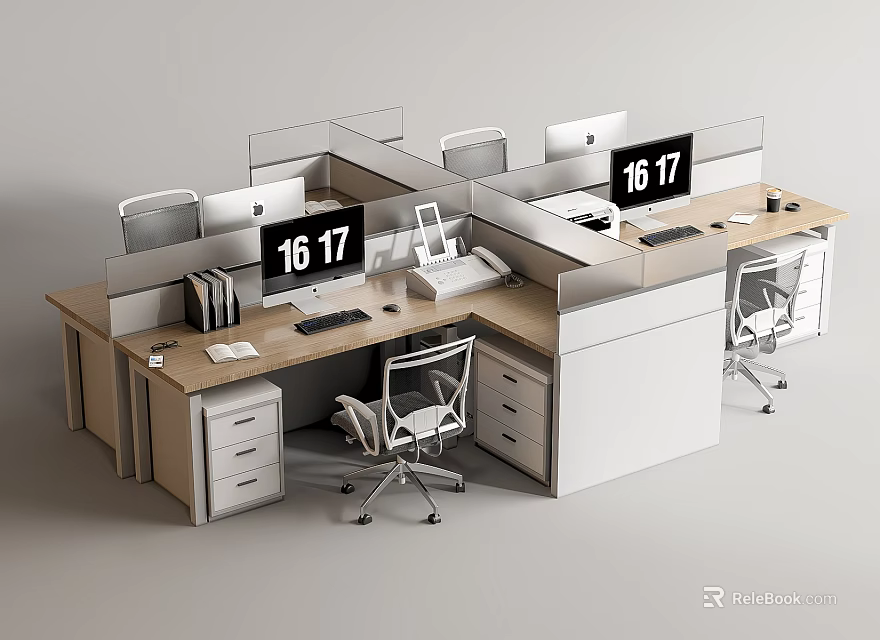 Modern Office Workstations With Numbered Partitions Apple Computers Office Chairs And Drawers 3d model