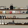 Traditional Tea Ware Display With Teapots Trays Cups And Caddies On Layered Shelves