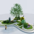 Beautiful Garden Landscape With Winding Path Lawn Trees Shrubs And People Relaxing