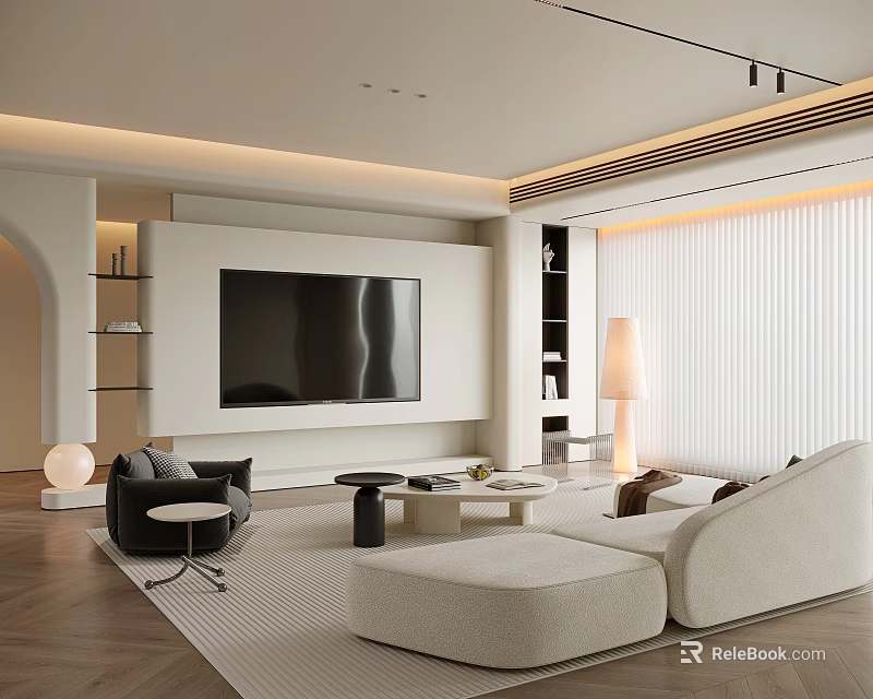 Modern Minimalist Living Room Interior With Large TV Wall White Sofa And Wooden Floor 3d model 
