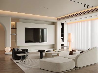 Modern Minimalist Living Room Interior With Large TV Wall White Sofa And Wooden Floor 3d model