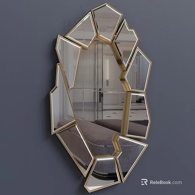 Modern Irregular Geometric Mirror With Gold Frame For Interior Wall Decor 3d model 