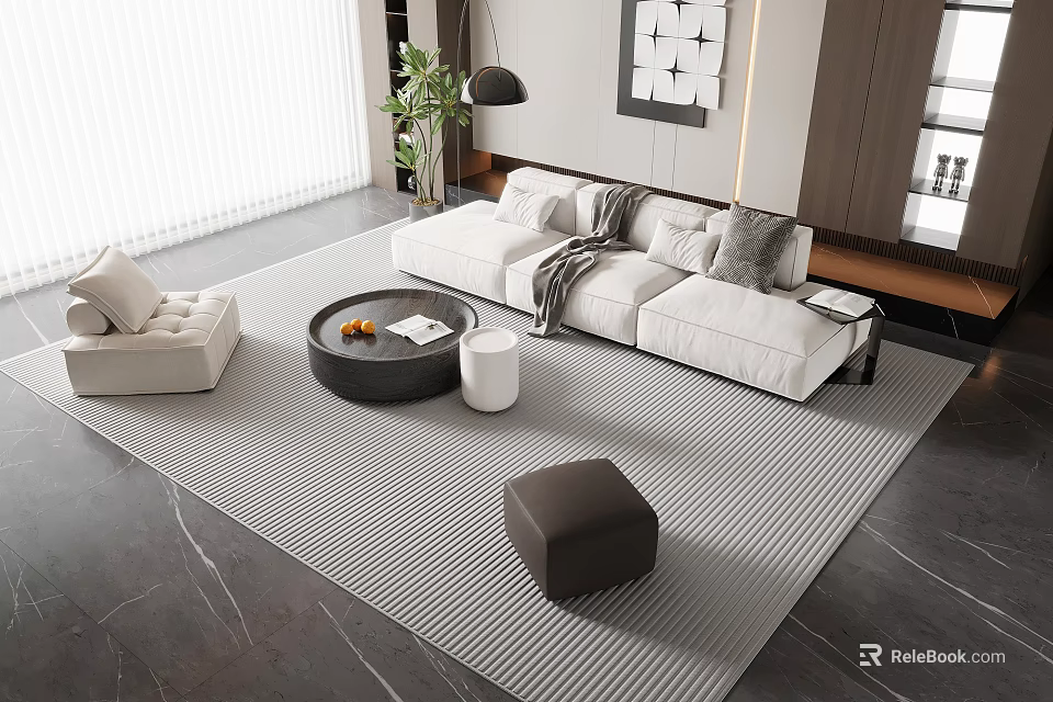 Modern Living Room Interior With White Sofa Pillows Round Coffee Table Rug And Green Plant 3d model 