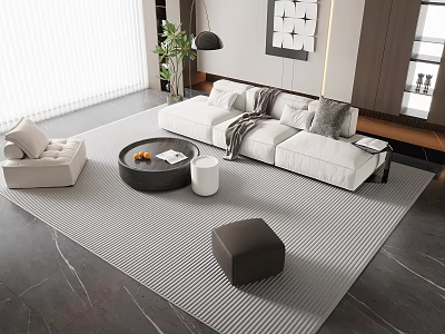 Modern Living Room Interior With White Sofa Pillows Round Coffee Table Rug And Green Plant 3d model