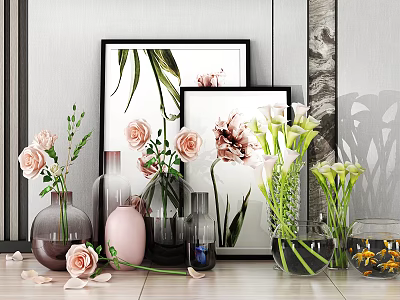 Decorative Glass Vases with Pink Roses White Calla Lilies and Scattered Petals 3d model Decorative Glass Vases with Pink Roses White Calla Lilies and Scattered Petals 3d model