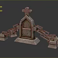 Detailed Stone Monument Structure Featuring Cross Arch Design Carved Inscription And Linked Chains