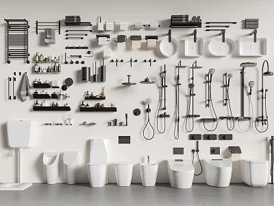Essential Bathroom Set With Toilets Basins Shower Systems Towel Racks Faucets And Accessories 3d model