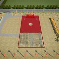Open Construction Area With Red Platform Circular Structure Yellow Machinery Flags Distant Trees And Road 3d model