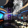 Modern KTV Lounge Interior With Crystal Chandeliers Large TV Screens And Bar Counter Seats