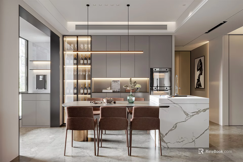 Elegant Modern Dining Room Interior With Marble Countertop Brown Chairs And Hanging Lights 3d model 