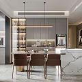 Elegant Modern Dining Room Interior With Marble Countertop Brown Chairs And Hanging Lights