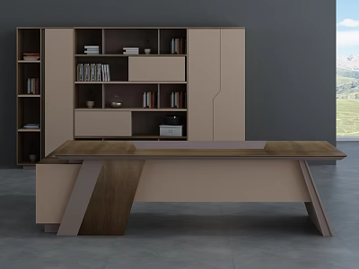 Modern Office Desk With Bookshelf Containing Books And Decorations And Mountain View Outside Window 3d model