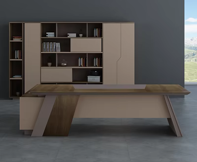 Modern Office Desk With Bookshelf Containing Books And Decorations And Mountain View Outside Window 3d model