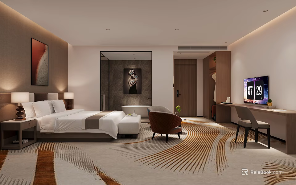 Elegant Hotel Guest Room Interior With Large Bed Decorative Painting Armchair TV And Patterned Carpet 3d model 