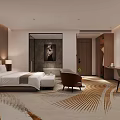 Elegant Hotel Guest Room Interior With Large Bed Decorative Painting Armchair TV And Patterned Carpet