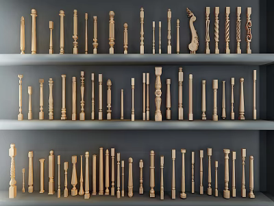 Different Styles Of Wooden Balusters With Decorative Designs Displayed On Shelves 3d model