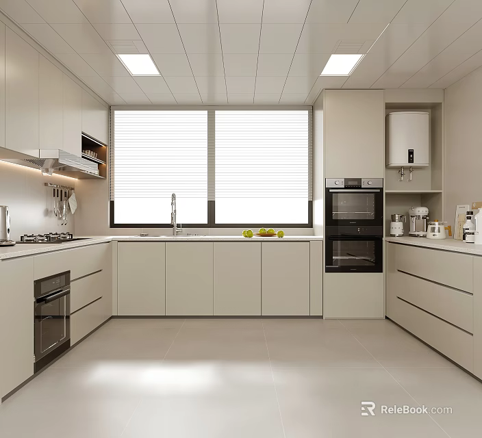 Modern Kitchen Interior Design With White Cabinets Window Blinds And Appliances 3d model
