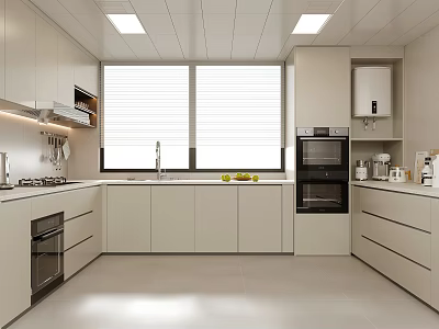 Modern Kitchen Interior Design With White Cabinets Window Blinds And Appliances 3d model