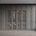 Modern Gray Wardrobe Interior Design With Glass Panel Doors And Hanging Clothes