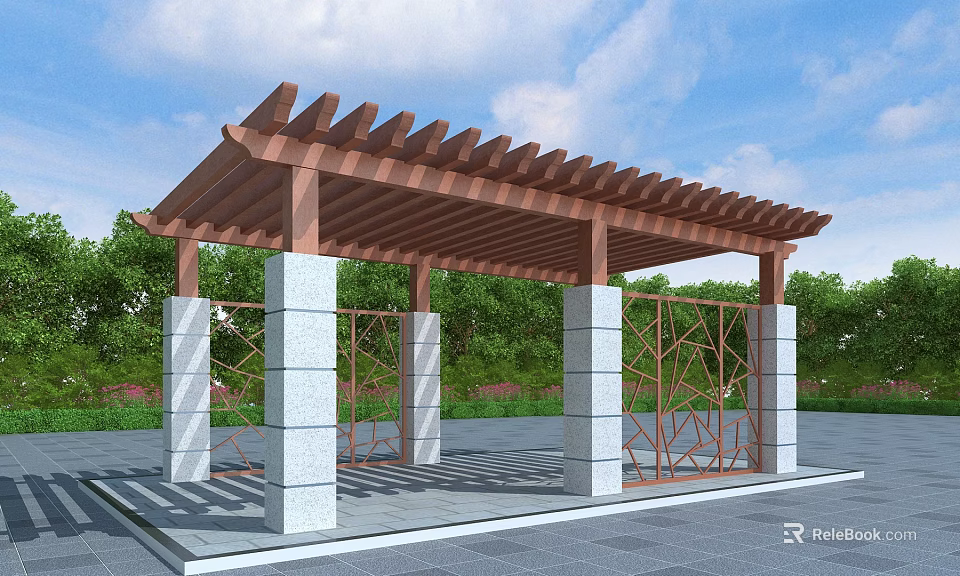 Outdoor Wooden Pergola With White Stone Pillars And Metal Lattice Design 3d model 
