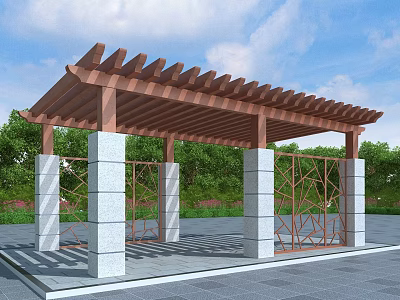 Outdoor Wooden Pergola With White Stone Pillars And Metal Lattice Design 3d model