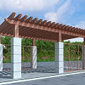 Outdoor Wooden Pergola With White Stone Pillars And Metal Lattice Design