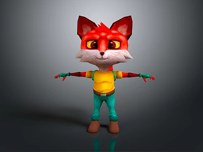 Cartoon Red Fox Game Movie Character Featuring White Fur Yellow Eyes Yellow Shirt Green Pants 3d model