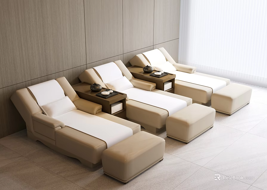 Beige Massage Chairs In Modern Lounge With Ottoman And Side Tables For Relaxation 3d model 