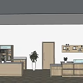 Modern Reception Desk Interior With Wooden Counter Cabinets And Potted Plants
