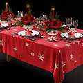 Christmas Dinnerware Set with Red Tablecloth Snowflake Patterns Plates Forks Glassware and Floral Decorations