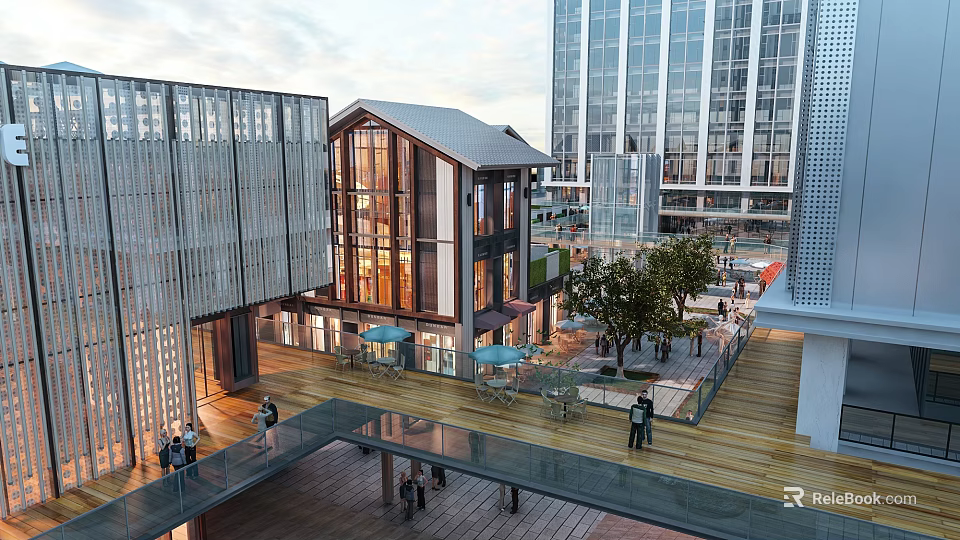 Traditional And Modern Architecture Commercial Street With Pedestrians Outdoor Seating Trees And High Rise Buildings 3d model 