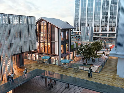 Traditional And Modern Architecture Commercial Street With Pedestrians Outdoor Seating Trees And High Rise Buildings 3d model