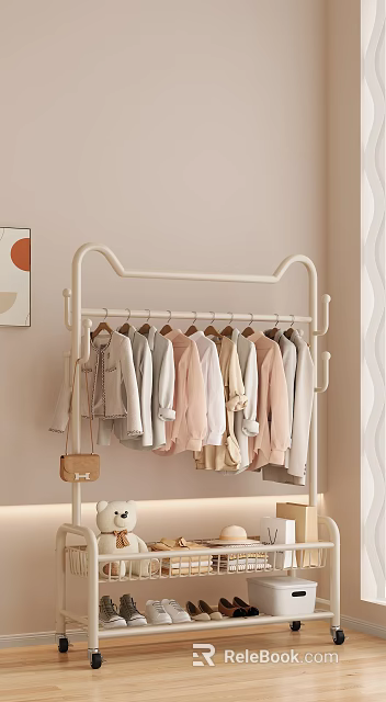 Living Room With Beige Walls White Clothing Rack Light Colored Clothes And Orange Circle Artwork 3d model 