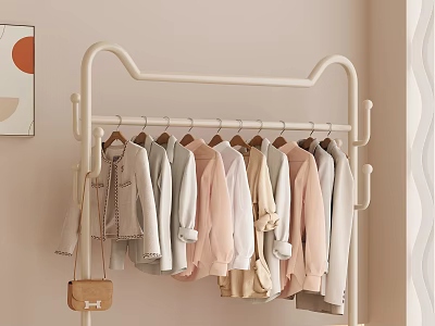 Living Room With Beige Walls White Clothing Rack Light Colored Clothes And Orange Circle Artwork 3d model