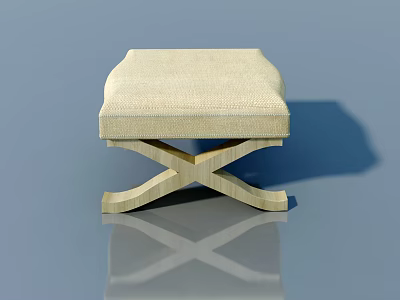 Light Colored Stool With Crossed Wooden Legs And Beige Padded Seat 3d model